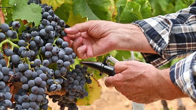 Cannonau grapes. The agronomist in the vineyard collects and squeezes the grapes on the refractometer to measure the sugar content. Traditional agriculture. Sardinia. Slow motion.
