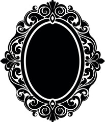 Vector art of ornate oval black decorative frame with intricate scrollwork and floral motifs