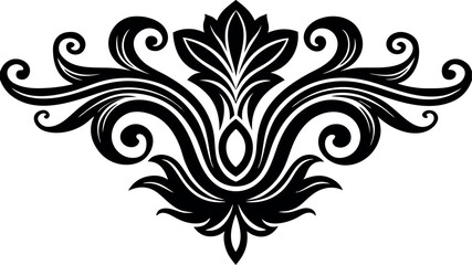 Vector art of symmetrical black damask pattern with floral motifs and swirling tendrils