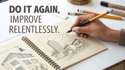 Drawing Inspiration: Sketchbook with Hand, Pencil, and Quotes