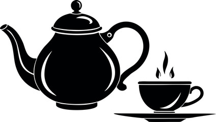Vector art of black silhouette of a teapot and a cup of steaming tea on a saucer