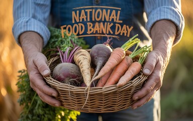 Farmer holding fresh harvest basket for National Food Bank Day.