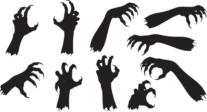 A collection of silhouetted monster hands reaching out with sharp claws