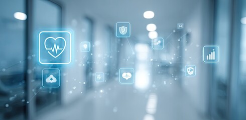 Abstract medical technology concept. Overlay of glowing health icons on a blurred hospital corridor background
