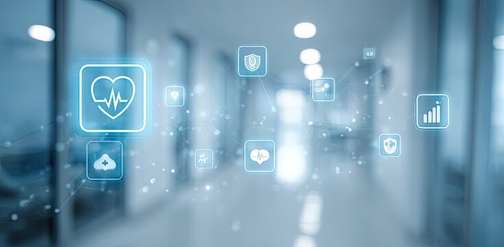 Abstract medical technology concept.  Overlay of glowing health icons on a blurred hospital corridor background