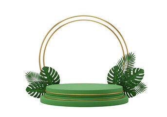 Elegant green product display pedestal with gold accents and tropical leaves for showcasing items transparent background