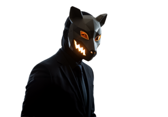Mysterious figure in a glowing, cat-like mask points downward, evoking an eerie and unsettling atmosphere, perfect for Halloween or suspense themes