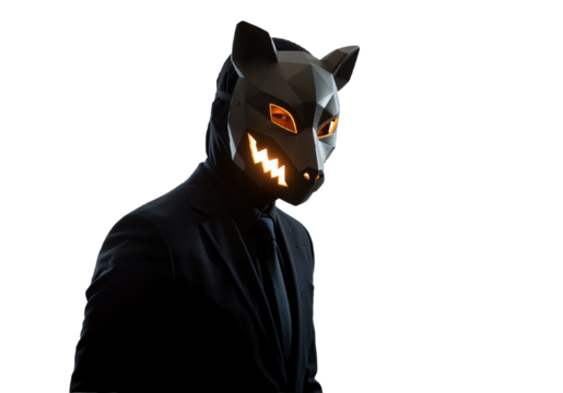 Mysterious figure in a glowing, cat-like mask points downward, evoking an eerie and unsettling atmosphere, perfect for Halloween or suspense themes