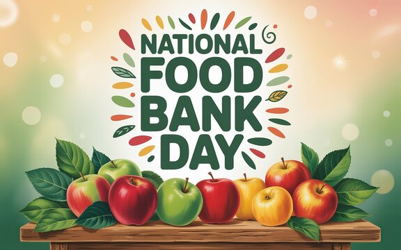 Wooden table with apples highlights National Food Bank Day awareness.