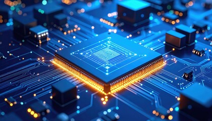 Obraz premium A close-up view of a computer chip with intricate circuitry and glowing connections, illustrating modern technology and electronic innovation.