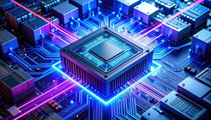 Fototapeta premium A futuristic microchip surrounded by glowing circuitry, showcasing advanced technology and digital connections.