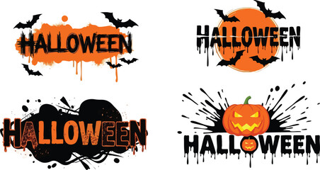 Halloween Typography Vector Set with Pumpkins and Bats