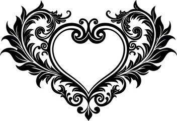 Vector art of heart shaped ornate flourish with swirling leaves and floral elements