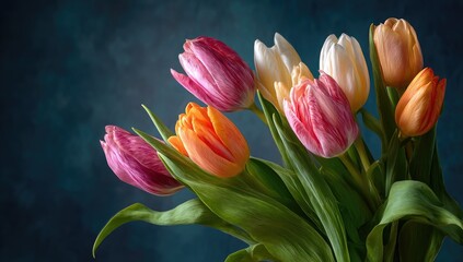 Close-up bouquet of tulips in various pastel hues against a teal backdrop