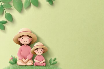 Mother and child sitting in grassy area under leafy branches. Pastel green background. Paper cut-out style