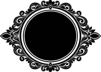 Vector art of ornate black oval frame with decorative swirls and floral elements