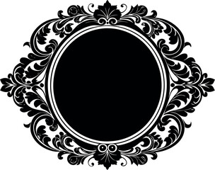 Vector art of ornate black oval frame with decorative swirls and floral elements
