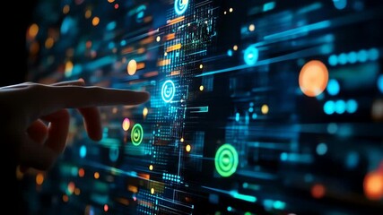 Finger interacts with a bright blue glowing interface displaying data - Powered by Adobe