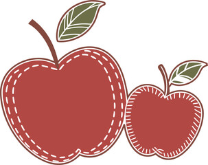 Vector art of two red apples with stitched outline and leaves
