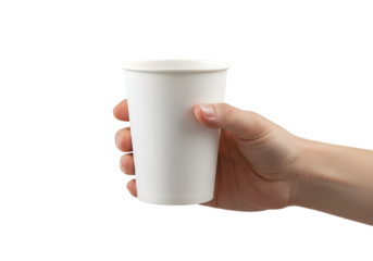 Hand holding a white paper cup isolated on transparent background