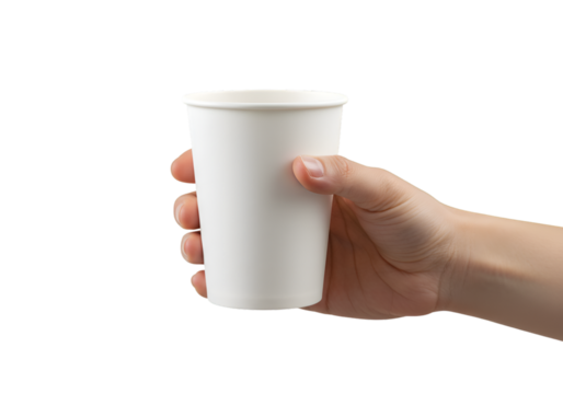 Hand holding a white paper cup isolated on transparent background