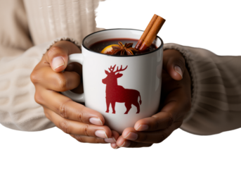 A person's hands in a cozy sweater holding a festive reindeer mug filled with warm spiced mulled wine on a transparent background