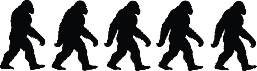 Bigfoot silhouette vector illustration set of walking sasquatch shadows in black, cryptid monster design for mystery, folklore, and legends