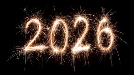Colorful Sparklers draw text 2026 on black background