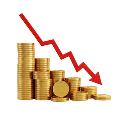 Financial decline illustrated with falling red arrow over stacked gold coins transparent background