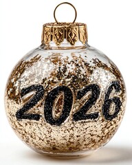 Gold Christmas tree ball with the inscription 2026 isolated on white background