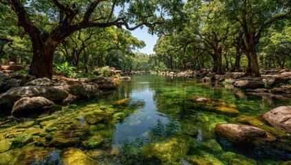 Tranquil emerald pool nestled beneath lush green canopy