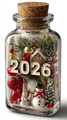glassy 2026 with Christmas elements inside, isolated on white background, minimalism