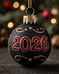 magine black Christmas Bauble with Sparkling 2026. Glamorous Holiday Ornament in Black and Gold. New Year 2026 Festive Black Ball. Luxurious Black Xmas Ornament on Tree