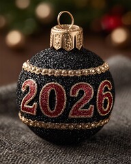 magine black Christmas Bauble with Sparkling "2026". Glamorous Holiday Ornament in Black and Gold. New Year 2026 Festive Black Ball. Luxurious Black Xmas Ornament on Tree