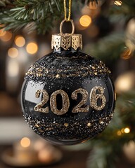 magine black Christmas Bauble with Sparkling 2026. Glamorous Holiday Ornament in Black and Gold. New Year 2026 Festive Black Ball. Luxurious Black Xmas Ornament on Tree