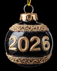 magine black Christmas Bauble with Sparkling 2026. Glamorous Holiday Ornament in Black and Gold. New Year 2026 Festive Black Ball. Luxurious Black Xmas Ornament on Tree