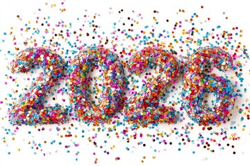 photo of 2026 made of confetti; starting to explode, white background, isolated