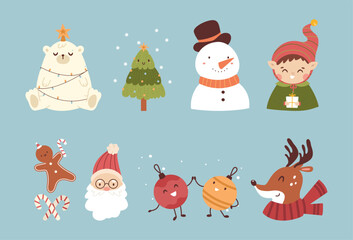 Doodle christmas funny elements. Santa, snowman, cute elf and polar bear with star. Xmas tree decorations, gingerbread and deer in scarf, vector set