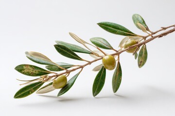 Obraz premium Olive branch with green olives and leaves on a white background