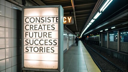 Inspirational messaging on signage at urban subway station platform