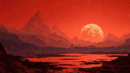Fototapeta premium Mars-like landscape with mountains, a red sky, distant stars, and a large round moon