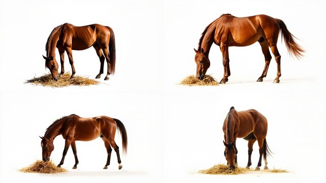 Four images of a brown horse eating hay background illustration design style cartoonish expression gesture depth composition frame figure scene creative emotion colorful movement backgrounds