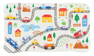 Children map with cars. Hand drawn crayon city background with car, public and special transport, houses, garden. Cityscape chalk drawing, neoteric vector decor