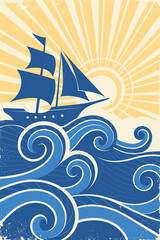 Stylized graphic art poster of a majestic ship sailing on a stormy sea towards the bright sun, a metaphor for a new journey and adventure