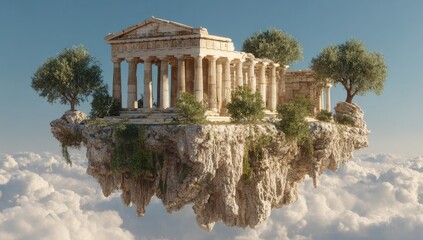 A sunlit, ancient temple floats on a cloud island