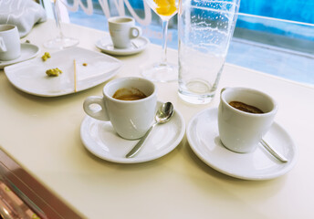 Italian coffee culture with espresso and cappuccino served in white cups, symbol of relaxation, energy, and authentic morning rituals