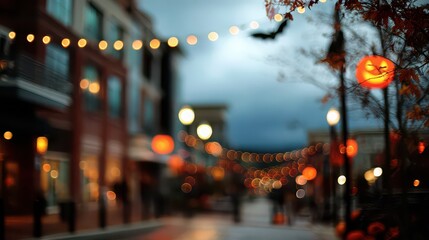 Blurred halloween night scene with pumpkin lanterns and string lights on a street at dusk time