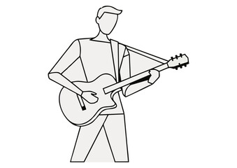 Young boy playing guitar happily with light background