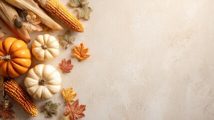 Autumn arrangement with pumpkins, corn, & leaves sits on a beige textured backdrop
