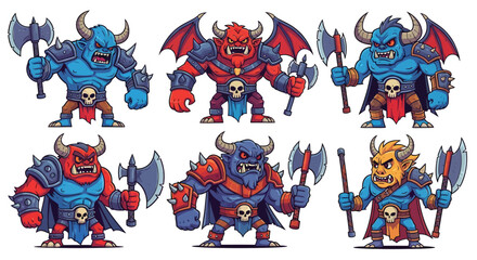 Six different cartoon monster characters, each holding an axe and wearing armor.